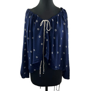 Solito Navy Blue Gathered Top Long Sleeves White Diamonds Ties XS NEW